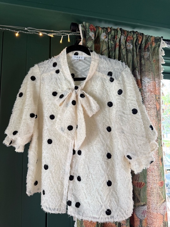 THML Tops - THML Textured Polka Dot Blouse Tie Neck Top Cream Black Size M